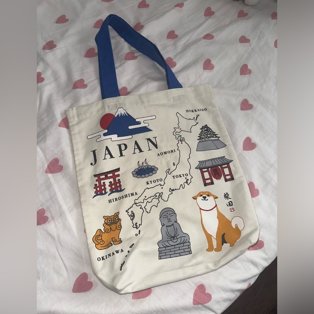 Japan Themed Tote Bag with Blue Handles